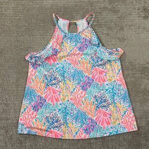 Lilly Pulitzer Coral Reef Print Halter Ruffle Top Pink Blue 008100 Small